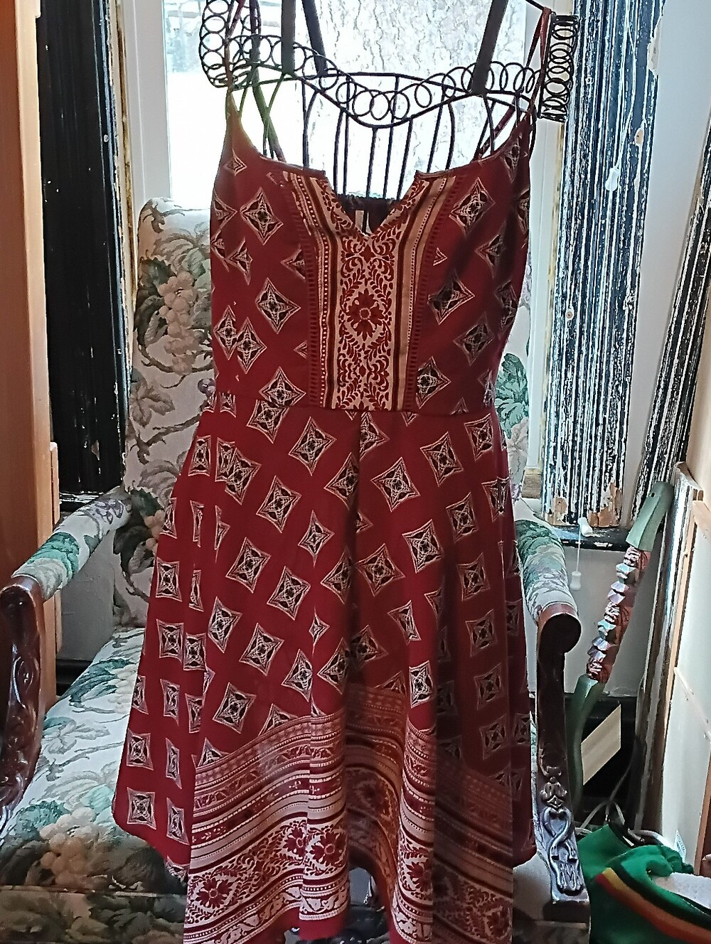 Xhilaration Red Strapless Smocked Midi Dress with Geometric Print